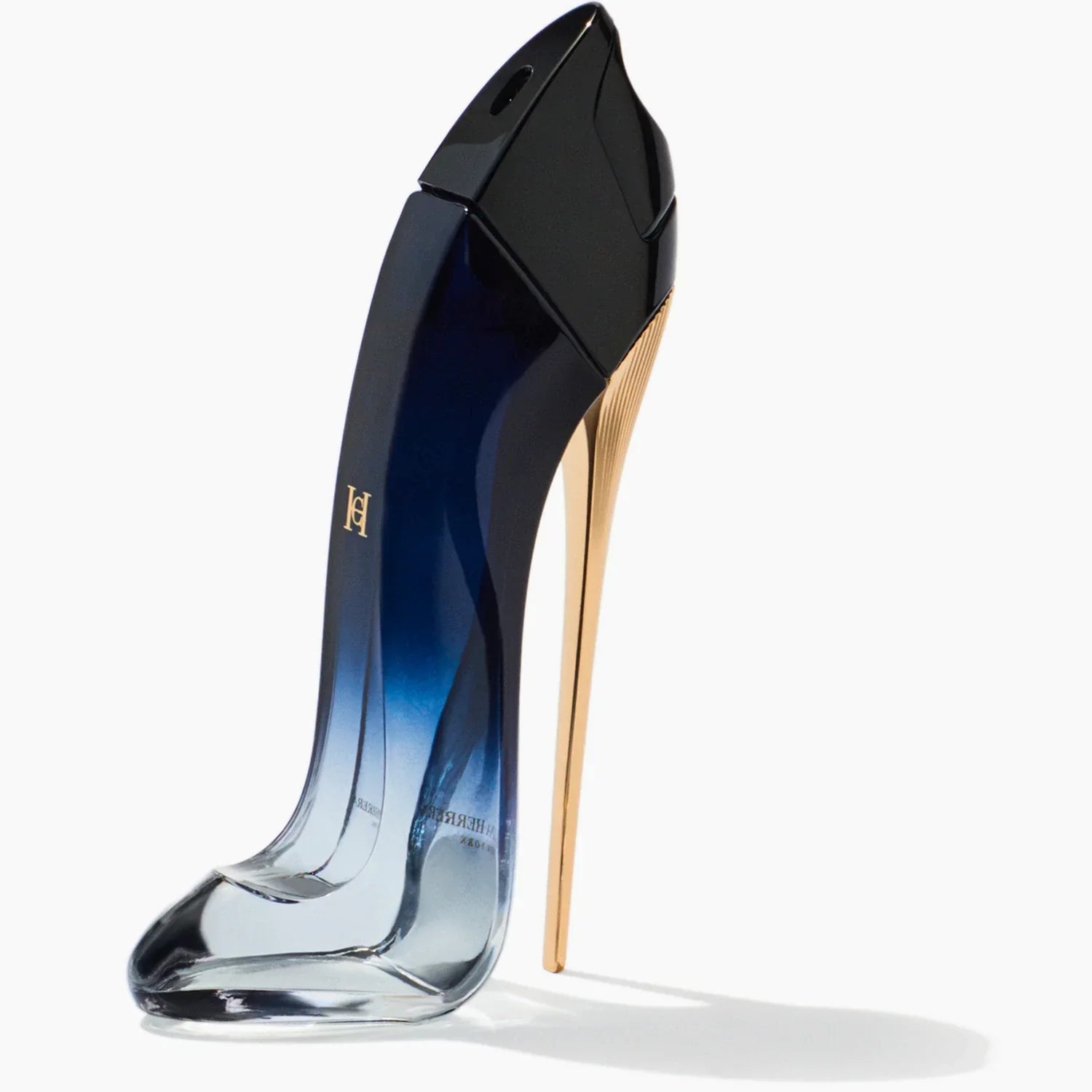 High-heeled shoe-shaped bottle with gradient design on a white background
